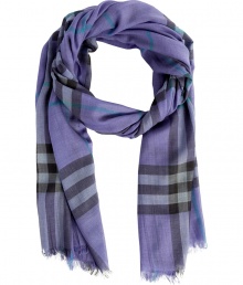 Detailed in a luscious shade of checked iris blue, Burberry Londons gauzy wool-silk scarf lends a radiant finish to every outfit - Slightly sheer, frayed ends - Wrap around neutral hued knitwear, or layer over sleek tailored outerwear