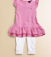 An adorable, soft striped jersey dress with ruffle accents is paired perfectly with stretch cotton leggings.CrewneckShort flutter sleevesPullover styleRuffled hemElastic waistbandSide ruched hemDress: CottonLeggings: 93% cotton/7% polyesterMachine washImported