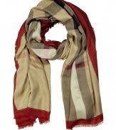 The classic Burberry scarf gets a modern redux with this bold-hued large check printed cashmere-and-modal version - All-over large check pattern, fringed edges - Pair with an elevated jeans-and-tee ensemble and a slim trench