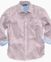 For a sporty and casual style, this vertical stripe dress shirt by Nautica goes great with jeans and chinos.