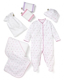 Noa Lily hearts medium gift basket. Includes footies, hat, blanket, towel and two burp cloths. Hearts graphic. Comes boxed.