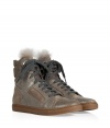 Urban cool looks call for a finish of edgy accessories, and Brunello Cucinellis glimmering stone suede hi-tops are a luxe modern choice - Rounded toe, flat charcoal laces, puffed collar, wispy shearling tongue trim, stitched welt, natural rubber sole - Wear with deconstructed jeans and leather jackets, or with chic flannels and skinny tailored trousers