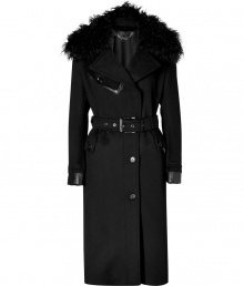 Work an ultra luxurious edge into your outerwear wardrobe with Belstaffs jet black cashmere trench, detailed with leather trim and a fur collar for that glamorous urban feel - Notched collar with black kalgan lamb fur lapel, long sleeves, leather cuffs, flap pockets, gun flap, double-breasted button-down front, belted waistline, back vent - Slim silhouette, tailored at the waist - Team with jet black accessories and statement leather totes