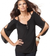 A peasant top with an edge from INC: sexy straps and split sleeves up the ante on a classic piece! Rhinestone buttons add a touch of sparkle.