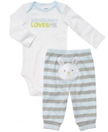 Help him hop into comfortable style with this adorable bodysuit and pant set from Carter's.