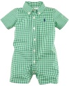 The Ralph Lauren button-down Kensington shirt inspired an adorably authentic shortall in preppy gingham cotton broadcloth.