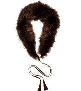 Add a luxe accent to any look with this raccoon fur shawl collar from Just Cavalli - Lush brown fur with tie closure - Style with a menswear-styled coat or at the neckline of a cocktail frock