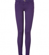 Channel of-the-moment style in these bold-hued skinny jeans from cult denim line Current Elliott - Classic five-pocket styling, skinny leg, ankle-length, bold purple color - Pair with an asymmetric hem top, a denim jacket, and platform heels