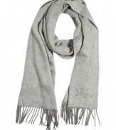 Elegant shawl made ​.​.of pale gray cashmere from the iconic British label Burberry London - Long and wide with decorative fringed edge and embroidered Burberry horse logo - Wear this classic accessory with a duffle coat, parka or blazer for added warmth and style