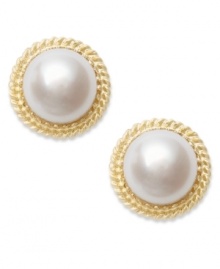 A luxurious delight. A 14k gold rope setting adorns the edges of these beautiful cultured freshwater pearl earrings (9-1/2-10mm). Approximate diameter: 1/2 inch.