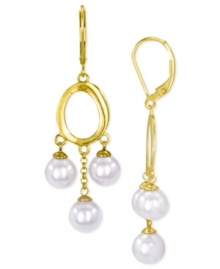 Refined elegance. Majorica's pair of drop earrings radiates class with organic man-made pearls (7-8 mm). Crafted from 18k gold over sterling silver. Approximate drop: 2-1/2 inches.