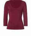 Luxe top in fine red-brown stretch viscose - really pleasant and soft material - figure enhancing, fitted cut with feminine round neck decollete - trendy 3/4 sleeves - your fave basic for many occasions from work to parties - put it with hot leggings, cool skinny jeans, a stylish pencil skirt or an elegant suit