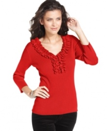 August Silk's ruffled V-neck sweater adds feminine flair to your casual wardrobe. They're available in rich colors, so you'll want more than one!