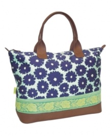 Carry on and carry on in style! A perfectly sized carryall made from all-organic cotton with leather handles and detailing strikes a stylish chord on every trip you take. The colorful patterned exterior and contrast interior makes this a take-everywhere duffel that offers endless options in organization with multiple interior pockets. 1-month warranty.