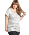 Glitz up your casual look with L8ter's short sleeve plus size top, spotlighting a metallic finish.