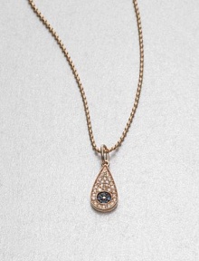 From the Devout Collection. An unique design of rich sapphires, white and black diamonds set in warm 14k rose gold on a ball chain. Diamonds, .11 tcw14k rose goldBlue sapphiresLength, about 16Pendant size, about .4Lobster clasp closureMade in Italy and imported