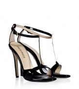 Metallic details amp up the glam factor of these elegant T-strap heels from Emilio Pucci - Gold-tone metallic T-strap front, ankle strap with buckle closure, stiletto heel with golden accent - Pair with wide leg trousers and a silk blouse or a flirty cocktail frock