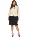 Contrasting trim and clean lines give this jacket a tailored look while a pop of polka dots from a removable scarf adds a fresh feel. Evan Picone's latest plus size skirt suit is polished from top to its pretty pleated hem!