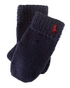 A warm and breathable cotton-knit mitten is finished with an embroidered pony on one cuff.