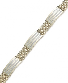 A luxurious blend of rich color and shine. Yell'Ora's men's bracelet features a thick link band that highlights three stations that highlight three rows of round-cut diamonds (1/2 ct. t.w.). Base metal made from a combination of pure gold, sterling silver and palladium. Approximate length: 8 inches.