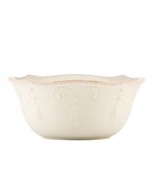 With fanciful beading and a feminine edge, this bowl from the Lenox French Perle white dinnerware collection has an irresistibly old-fashioned sensibility. Hard-wearing stoneware is dishwasher safe and, in a soft white hue with antiqued trim, a graceful addition to every meal. Qualifies for Rebate