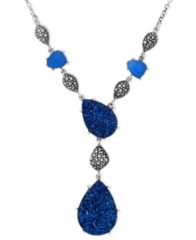 Feeling in a vibrant spirit? Genevieve & Grace's Y necklace matches that mood. It's set in sterling silver with blue druzy, blue agate (7 mm x 6 mm) and sparkling marcasite for a colorful touch. Approximate length: 16 inches. Approximate drop: 2 inches.