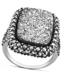 Genevieve & Grace know glam. This sparkling ring combines emerald-cut silver druzy with glittering marcasite edges. Set in sterling silver. Size 7.