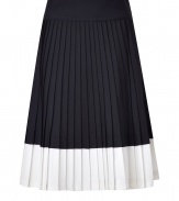 A cool take on ladylike sophistication, Marc by Marc Jacobs two-tone pleated skirt is a sleek separate perfect for adding a smart edge to your outfit - Hidden side zip, flat waistband, overlap detail at color change - Fitted waist, flared pleated skirt - Team with tailored tops and statement leather accessories