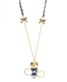 See what all the buzz is about. Betsey Johnson's long bee pendant is as sweet as honey. Crafted from antique gold-plated mixed metal with a blue and white striped grosgrain ribbon, petite bow charms, and a crystal-accented blue striped bee. Approximate length: 30 inches + 3-inch extender. Approximate drop: 2 inches.