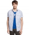 Get in line for the season with this striped short-sleeved woven shirt from Kenneth Cole Reaction.