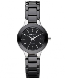 A great watch for all occasions, with a chic, basic black style, from DKNY. Black ceramic bracelet. Silvertone stainless steel round case and round black dial with logo and stick indices. Quartz movement. Water resistant to 50 meters. Two-year limited warranty.