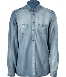 Stylish denim shirt in fine blue cotton-rayon blend - casual, washed used look - trendy slim cut, with shoulder epaulets and chest pockets - button placket - a favorite shirt for parties and leisure - with chinos, cargo pants or shorts