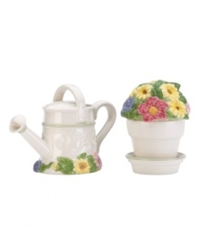 Garden party. The figural Floral Meadow sugar and creamer bring eternal spring, sculpted like a potted plant and watering can in resilient everyday porcelain to complement the mix-and-match Lenox dinnerware collection. Qualifies for Rebate