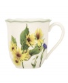 Garden party. The Floral Meadow Sunflower mug brings eternal spring with a bouquet of indigo and gold rooted in resilient everyday porcelain. A scalloped edge adds to the charm of the graceful mix-and-match Lenox collection. Qualifies for Rebate