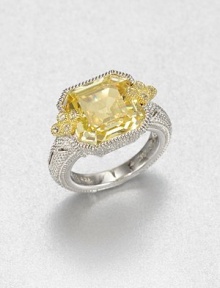 From the Estate Collection. Beautifully faceted canary crystal stone set in intricately designed, sterling silver accented with 18k gold and dazzling white sapphires. Canary crystalSterling silver18k goldWhite sapphiresWidth, about .6Imported