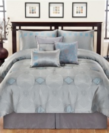 Up to speed. Set your style on the fast track with the Velocity comforter set, featuring a futuristic lines and diamonds pattern in sleek silver and blue tones. Comes complete with coordinating shams, bedskirt and decorative pillows for the ultimate modern look.