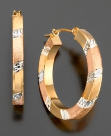 Stand-out style that shimmers and shines. These hoop earrings are crafted in 14k gold over sterling silver and sterling silver. Approximate diameter: 3/4 inch.