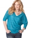 Textured stripes spotlight Eyeshadow's three-quarter sleeve plus size top-- team it with jeans for a winning look!