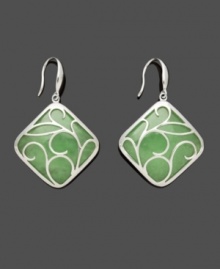 The look of serenity, this peaceful style is both calm and cool. Crafted from solid, square-shaped jade (28 mm), a swirling sterling silver overlay adds the perfect final touch. Approximate drop: 1-3/4 inches.