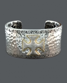 Style and spirit combine. This medieval-inspired bangle from Balissima by Effy Collection features a cross center, intricate filigree edges, and sparkling round-cut diamonds (5/8 ct. t.w.). Crafted in sterling silver with 18k gold accents. Bracelet features an open-cut design that slips on and off the wrist. Approximate width: 1-1/2 inches. Approximate diameter: 2-1/2 inches.