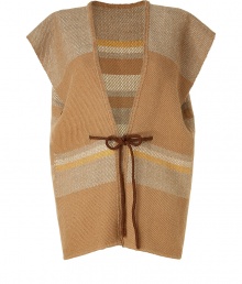 This folkloric-inspired alpaca vest takes the traditional serape knit and gives it a luxe high-style kick - Short sleeves, striped pattern, V-neck with rope tie-front closure, boxy fit - Pair with high-waisted skinny jeans, buckle ankle boots, and a floppy hat