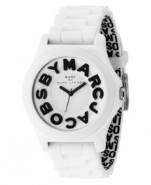 What's in a name? This fabulous watch by Marc by Marc Jacobs features a unique strap with a logo-printed inside. White plastic strap and round case. White dial with logo as markers and logo at twelve o'clock. Quartz movement. Water resistant to 30 meters. Two-year limited warranty.