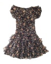 An array of ruffles on floral-print chiffon makes for a pretty season-spanning dress.