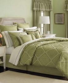 Influenced by beautiful Spanish designs, this Seville comforter set evokes a traditional appeal in the bedroom with an intricate geometric pattern in tonal green hues. The set comes complete with an expansive set of components, including window treatments and sheet set, for a put-together look.