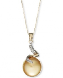 The golden touch. This rich pendant features a cultured golden South Sea pearl (12-13 mm) and swirls of round-cut diamond accents. Set in a 14k gold. Approximate length: 18 inches. Approximate drop: 1 inch.