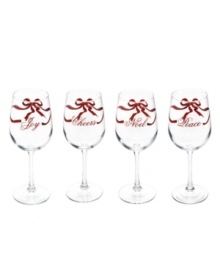 Offering four more reasons to make a toast, Holiday Garden wine glasses from Martha Stewart Collection are all wrapped up in neat red bows with words of seasonal inspiration: Joy, Cheers, Noel and Peace.