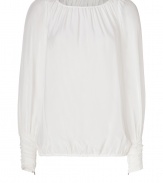 Finish your outfit on an ethereal note with Rachel Zoes pristine ivory silk top - Gathered round neckline, long sleeves, pleated cuffs with metal zipper detail, elasticized hemline, sheer - Loosely fitted - Wear with slim-fit separates and sleek leather accessories