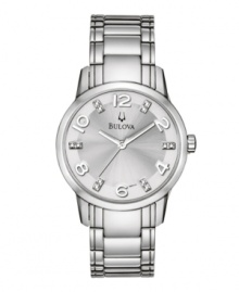 Steel and diamond accents make for an icy accessory, by Bulova. Watch features stainless steel bracelet and round case. Silvertone sunray dial with alternating Arabic numerals and hand-set diamond accents at markers, logo and silvertone hands. Quartz movement. Water resistant to 30 meters. Three-year limited warranty.