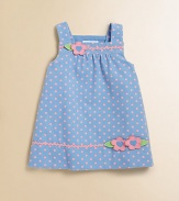 A precious corduroy, A-line design with polka dots, ric-rac trim and flower appliqués for your little fashionista.SquareneckShoulder straps with back button closurePleated bodiceCottonMachine washImported