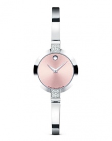 Movado's Bela™ is a slender solid stainless steel bangle watch with sparkling diamond case accents and pretty pink soleil Museum® dial.